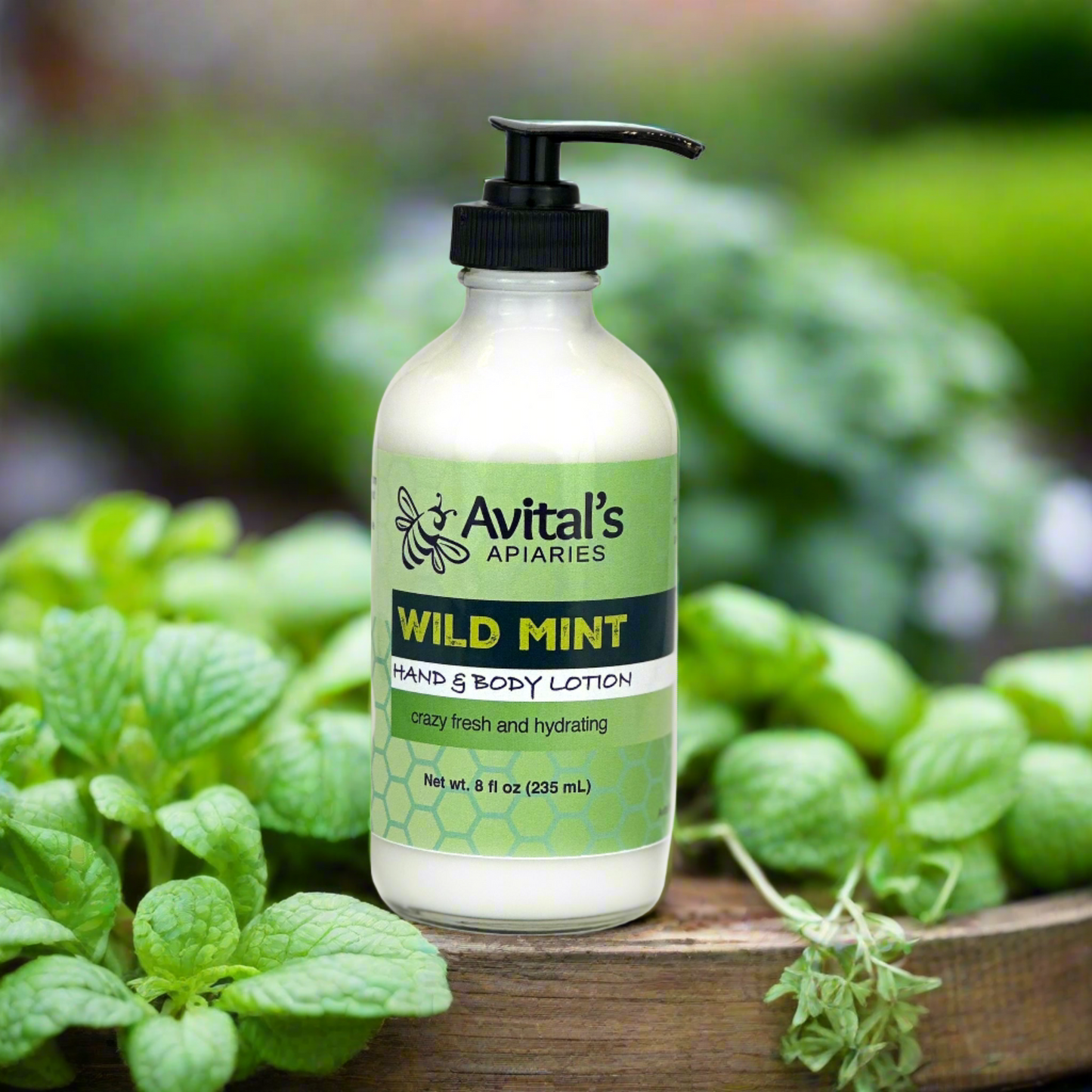 A bottle of Avital's Wild Mint Hand and Body lotions surrounded by mint