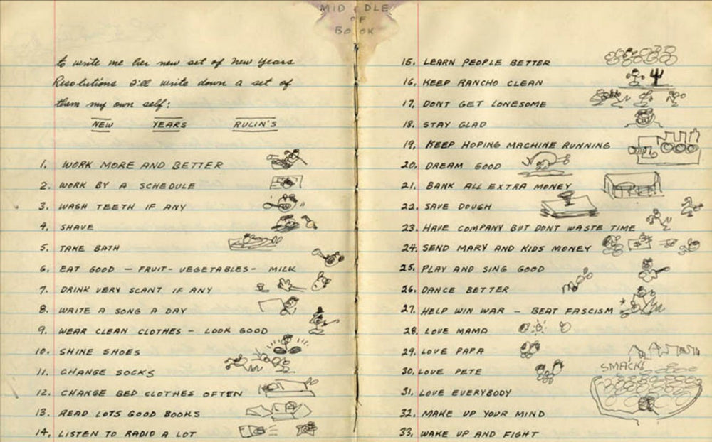 Woody Guthrie's 1943 resolutions: "Wash Teeth If Any"