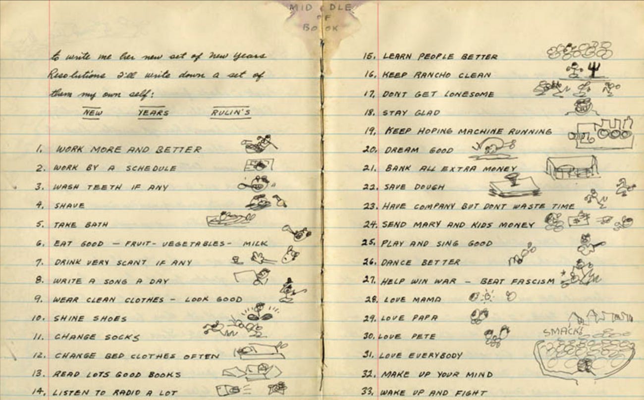 Woody Guthrie's 1943 resolutions: "Wash Teeth If Any"