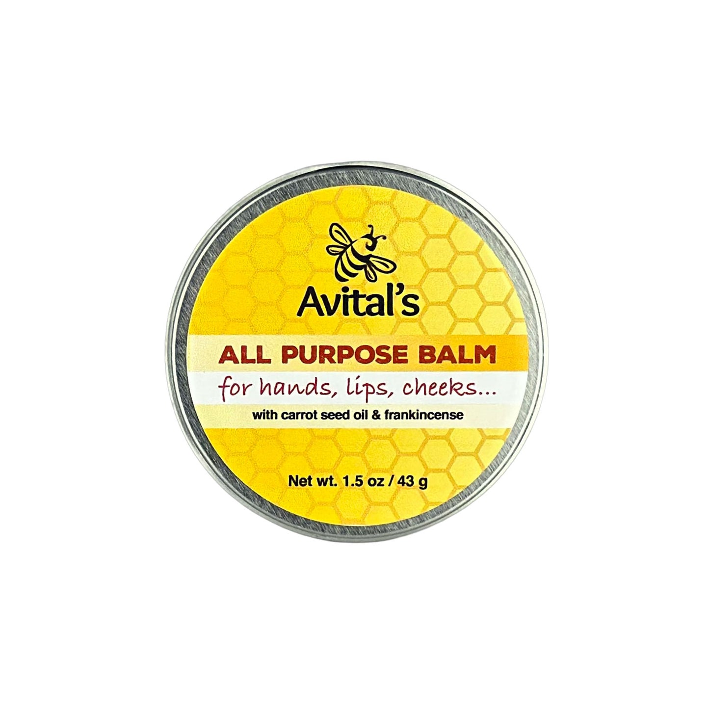 Avital's All Purpose Balm container with yellow label and silver lid on a white background