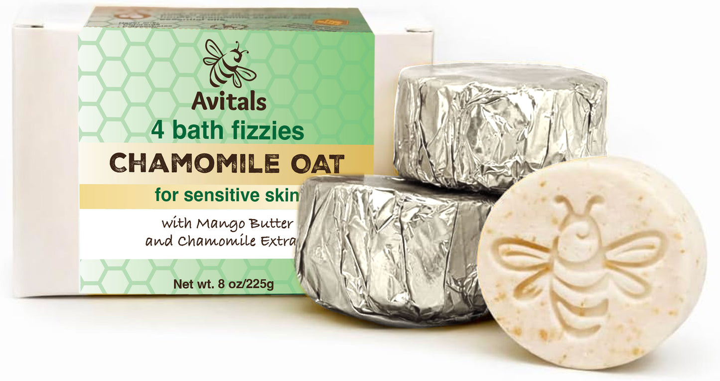 Avitals Chamomile Oat 4 bath fizzie bars with their green and white packaging box, showing one unwrapped beige bar with a bee design and two wrapped silver bars.