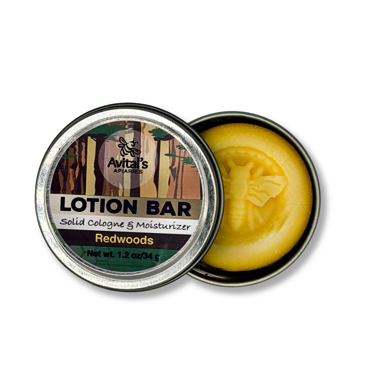 Redwoods lotion bar in a tin on a white background.