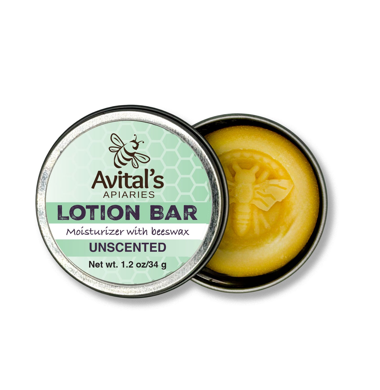 Avital's Apiaries lotion bar in a tin with a white background