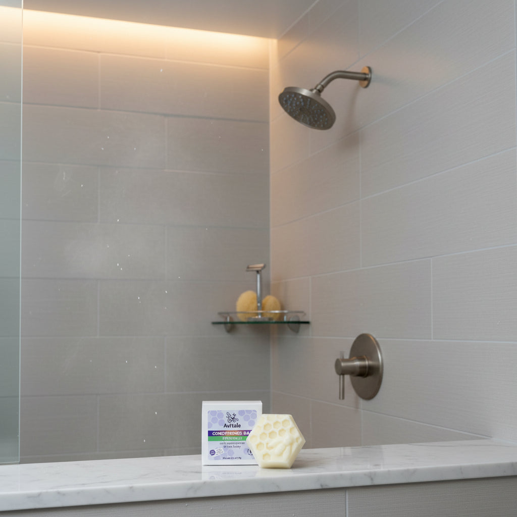 Bathroom setting with a shower head, soap dish, and a box of Avital's condition and a white conditioner bar on a ledge.