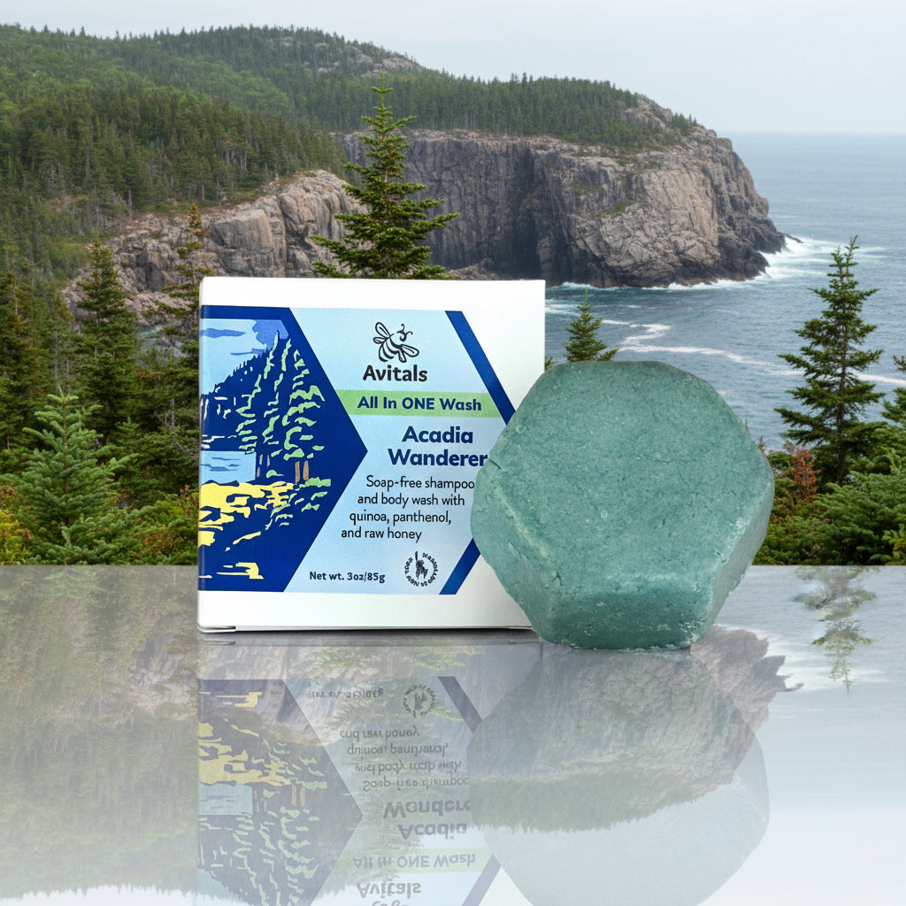 Avitals Acadia Wanderer soap bar and packaging with Acadia National Park in the background