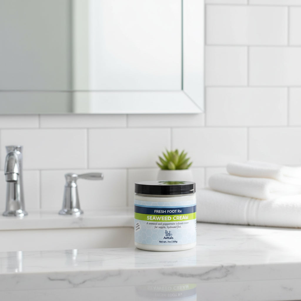 A jar of Avital's Seaweed Foot Cream on a clean, marble countertop.