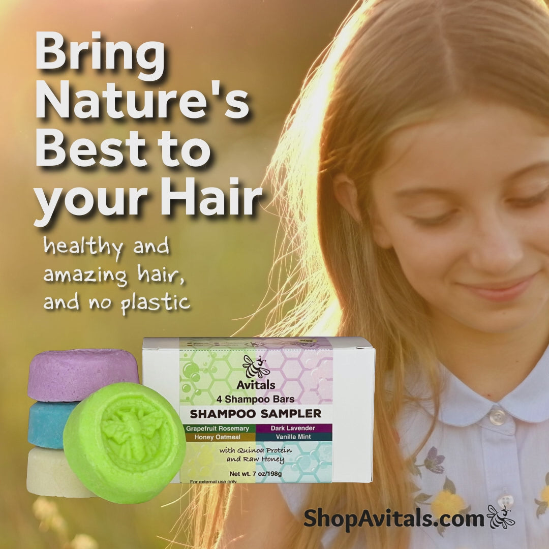 Shampoo bar sampler box and bars with a young girl in a crown of flowers. Bring Nature's Best to you hair healthy and amazing hair, nd no plastic