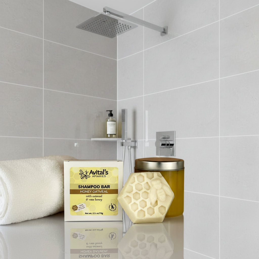 Avital's Apiaries Honey Oatmeal shampoo bar in a modern, tiled shower.