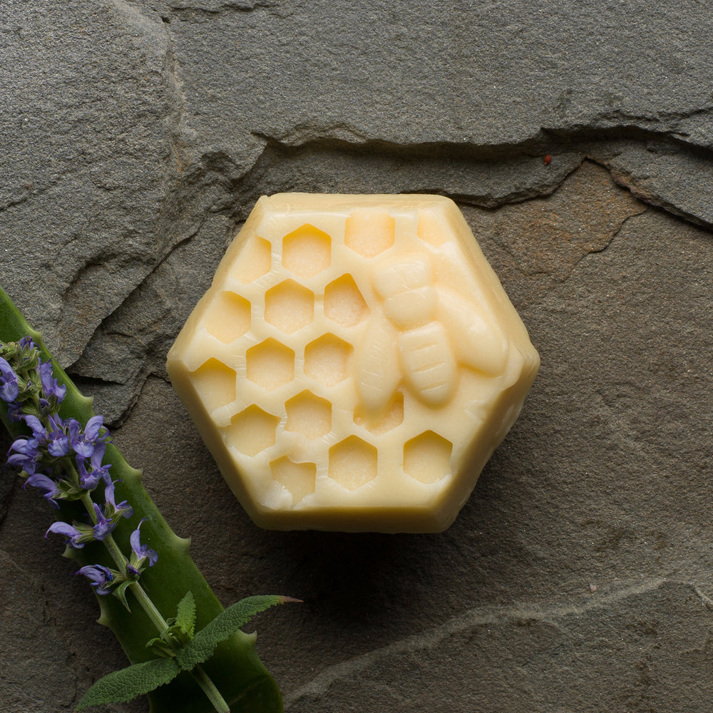 
                  
                    A cream-colored, hexagonal bar with a honeycomb and honey bee design. To the left is a sprig of lavender and an aloe leaf.
                  
                